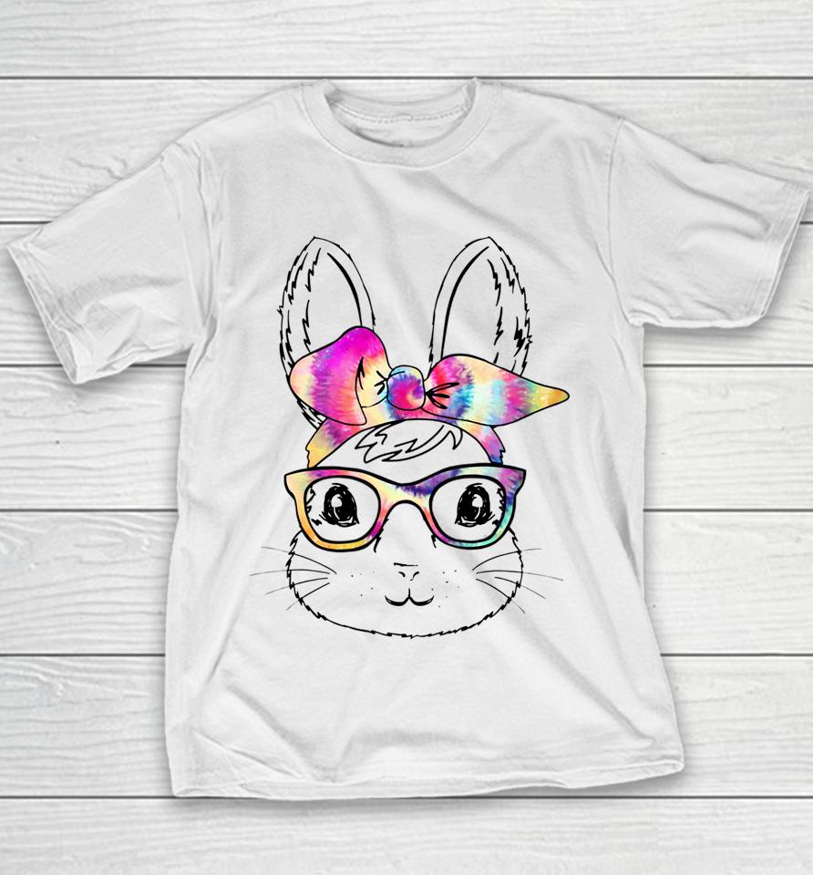 Happy Easter Day Cute Bunny Rabbit Face Tie Dye Glasses Girl Easter Youth T-Shirt