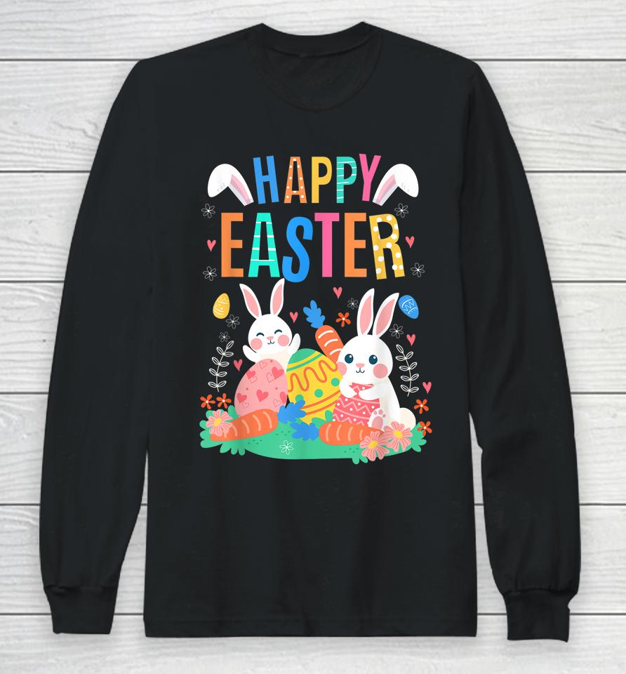 Happy Easter Day Cute Bunny With Eggs Easter Girls Long Sleeve T-Shirt