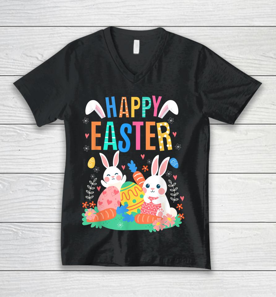 Happy Easter Day Cute Bunny With Eggs Easter Girls Unisex V-Neck T-Shirt