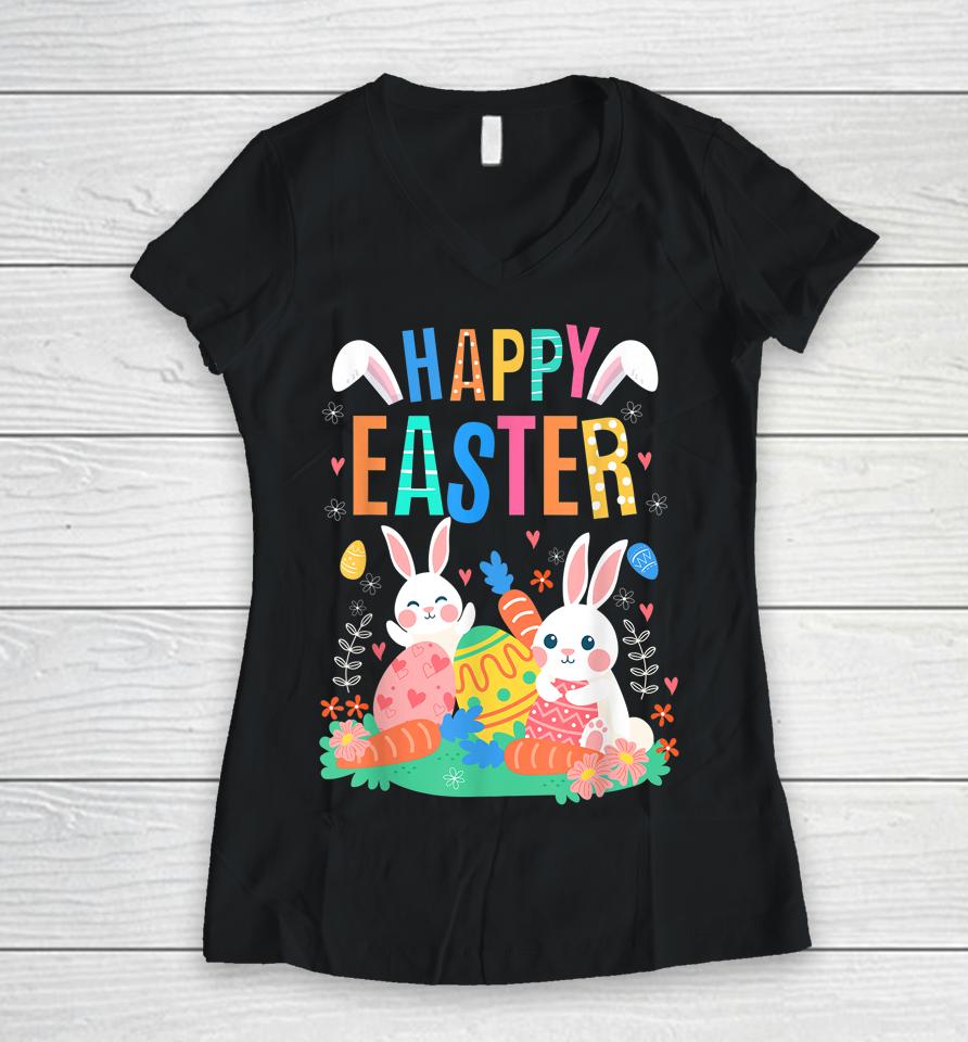 Happy Easter Day Cute Bunny With Eggs Easter Girls Women V-Neck T-Shirt