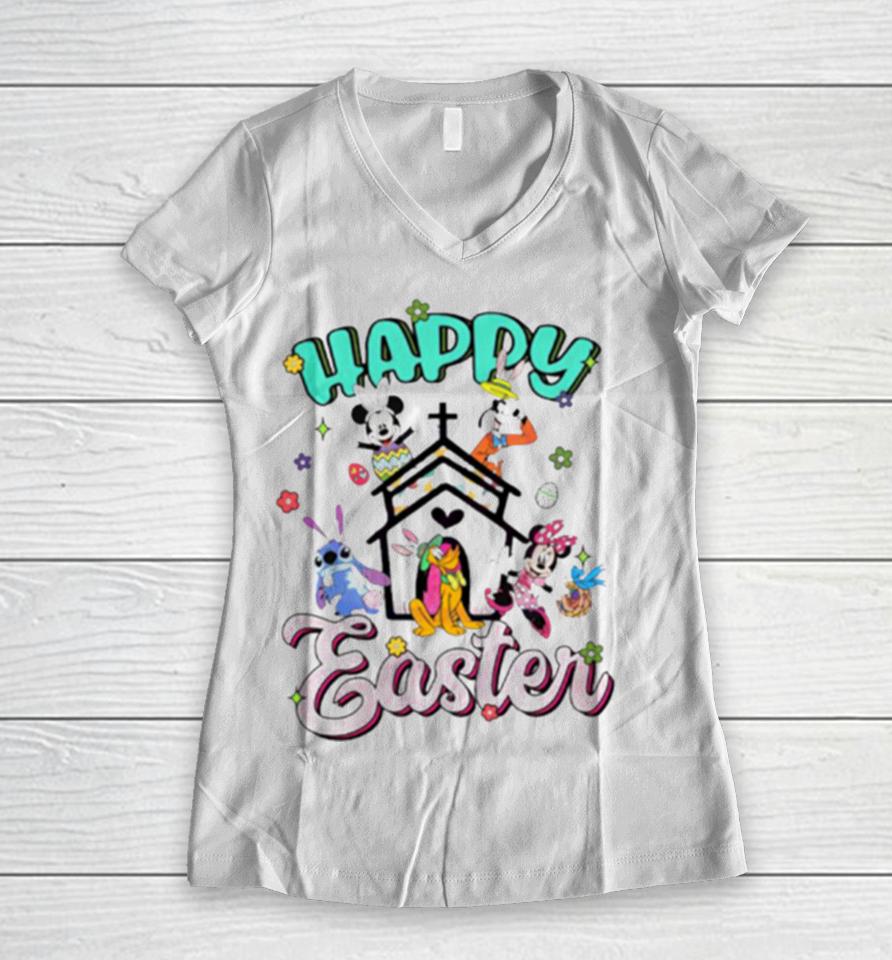 Happy Easter Disney Bunny Characters Women V-Neck T-Shirt
