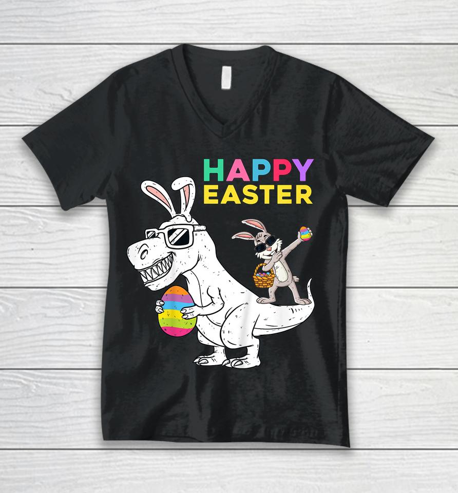 Happy Easter T Rex Dino Dabbing Rabbit Dab Kids Unisex V-Neck T-Shirt