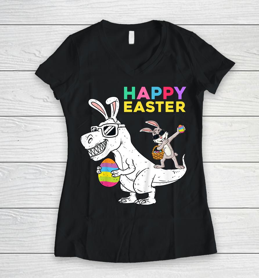 Happy Easter T Rex Dino Dabbing Rabbit Dab Kids Women V-Neck T-Shirt