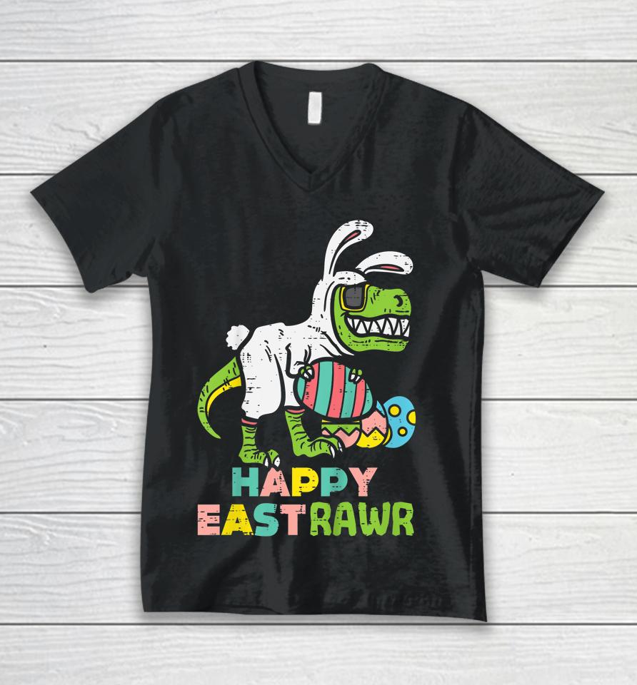 Happy Eastrawr Trex Easter Bunny Egg Funny Dinosaur Kids Easter Unisex V-Neck T-Shirt