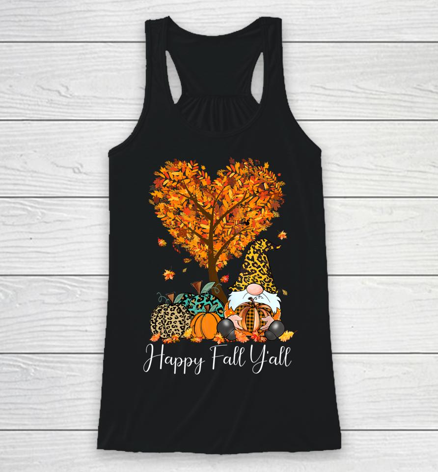 Happy Fall Y'all Funny Gnome Leopard Pumpkin Autumn Season Racerback Tank