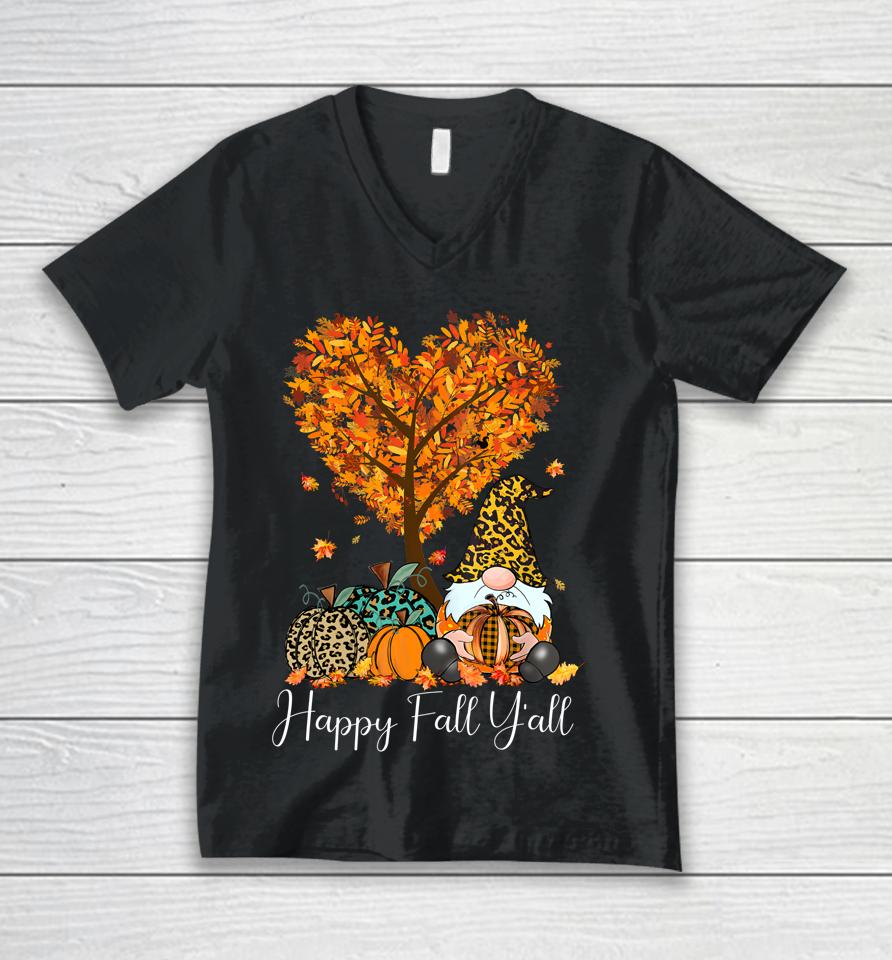 Happy Fall Y'all Funny Gnome Leopard Pumpkin Autumn Season Unisex V-Neck T-Shirt