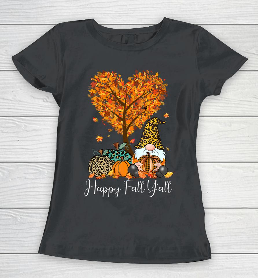 Happy Fall Y'all Funny Gnome Leopard Pumpkin Autumn Season Women T-Shirt