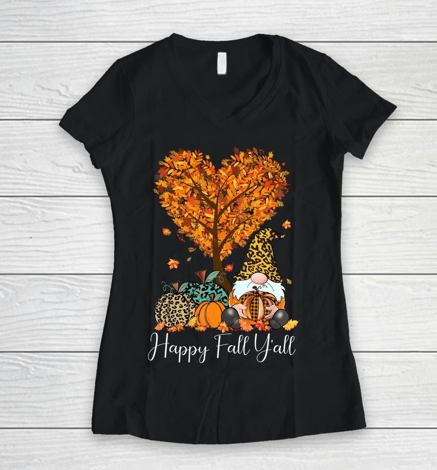 Happy Fall Y'all Funny Gnome Leopard Pumpkin Autumn Season Women V-Neck T-Shirt