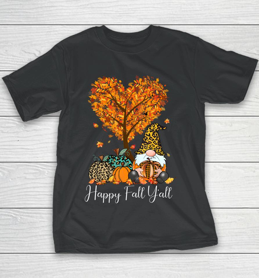 Happy Fall Y'all Funny Gnome Leopard Pumpkin Autumn Season Youth T-Shirt