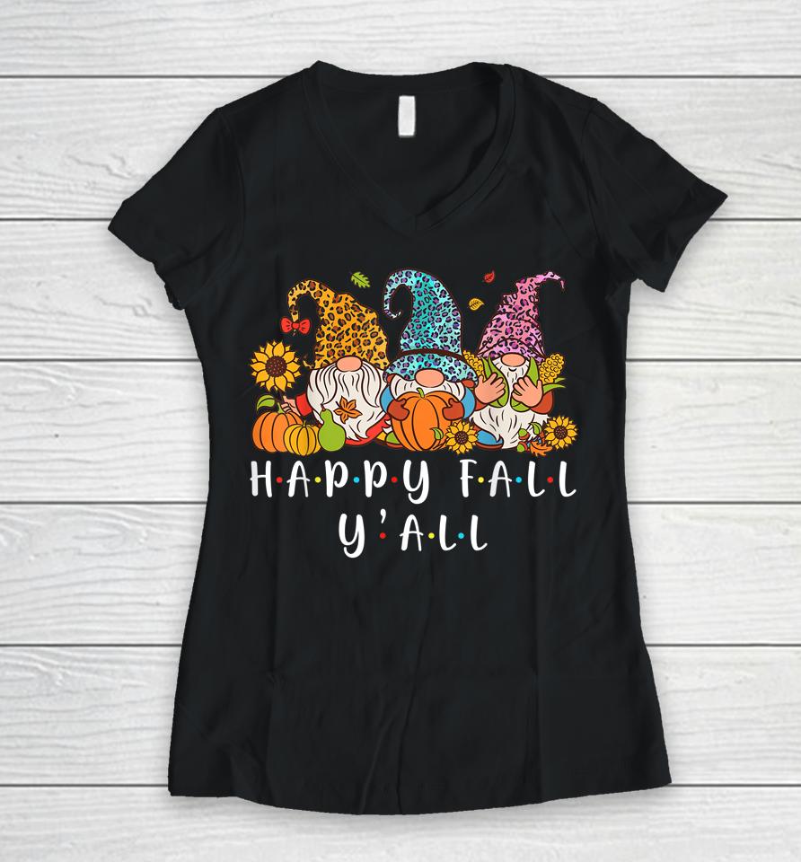 Happy Fall Y'all Gnome Leopard Pumpkin Autumn Gnomes Women V-Neck T-Shirt
