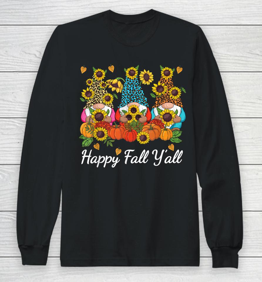 Happy Fall Y'all Gnome Leopard Pumpkin Autumn Long Sleeve T-Shirt