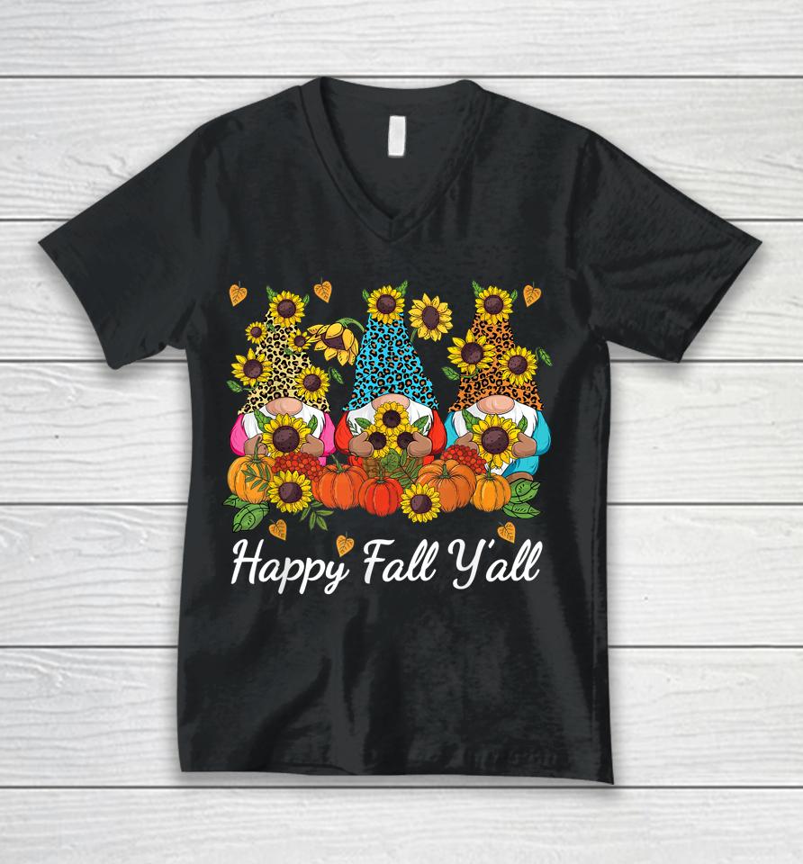 Happy Fall Y'all Gnome Leopard Pumpkin Autumn Unisex V-Neck T-Shirt