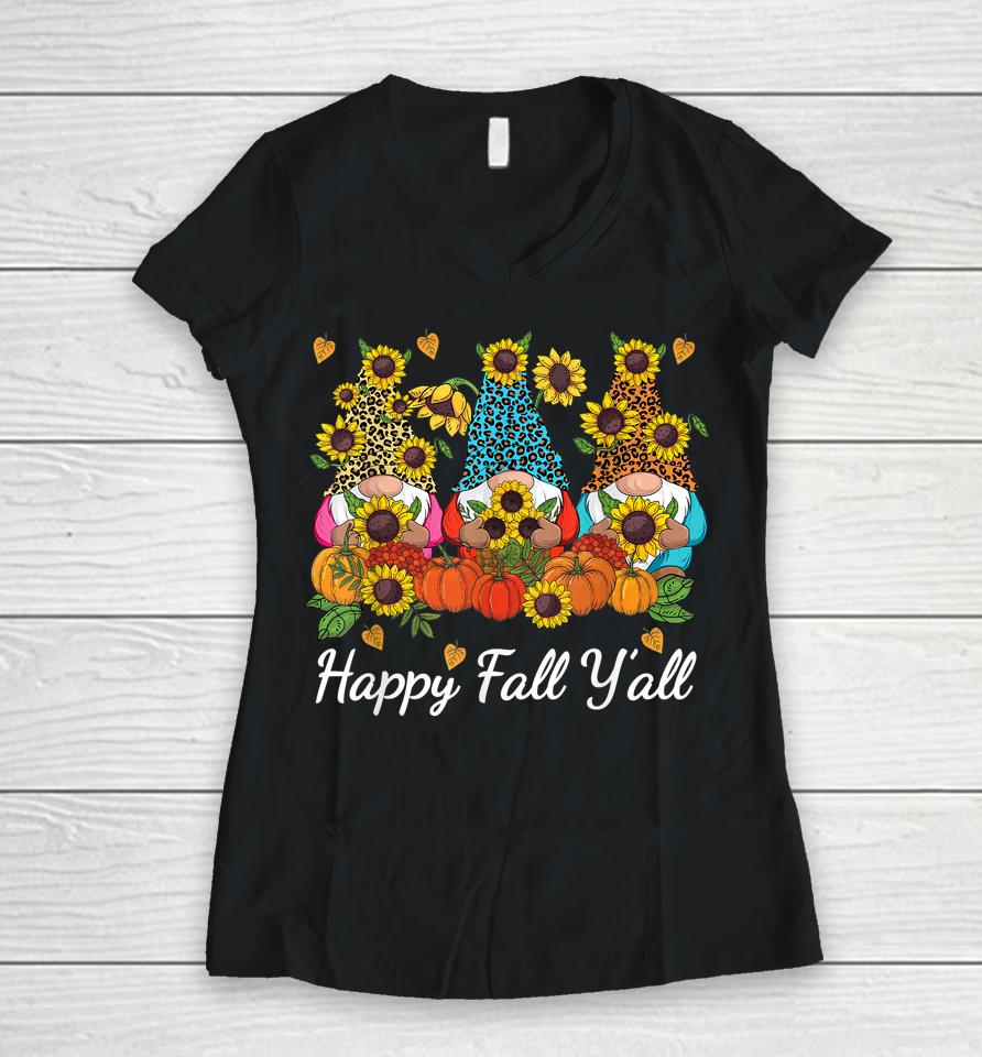 Happy Fall Y'all Gnome Leopard Pumpkin Autumn Women V-Neck T-Shirt