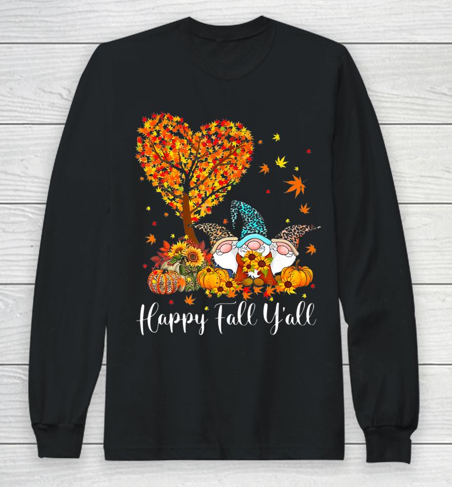 Happy Fall Y'all Gnome Leopard Pumpkin Autumn Tree Gnome Long Sleeve T-Shirt