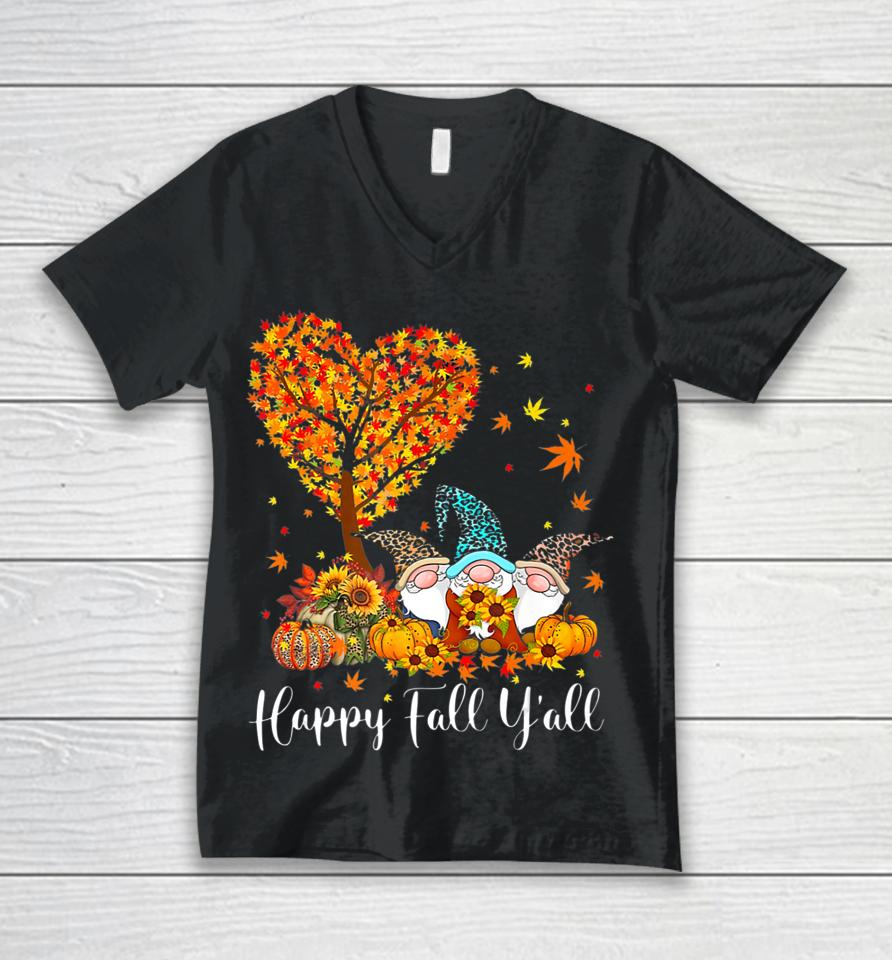 Happy Fall Y'all Gnome Leopard Pumpkin Autumn Tree Gnome Unisex V-Neck T-Shirt
