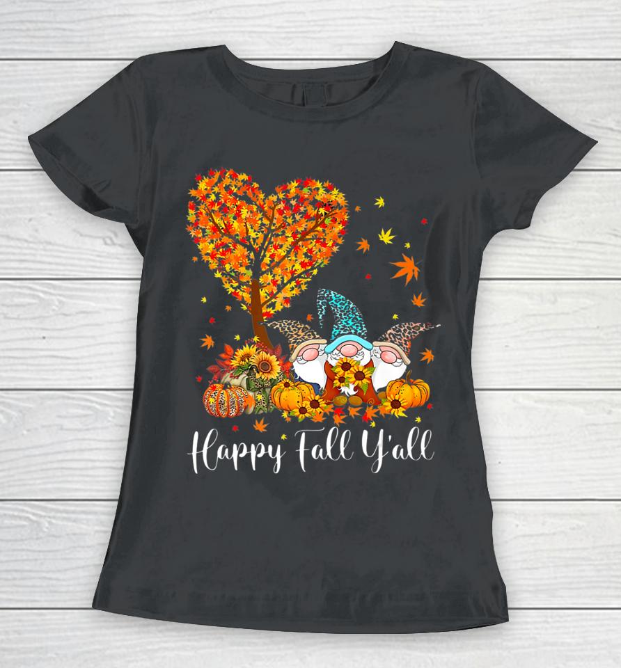Happy Fall Y'all Gnome Leopard Pumpkin Autumn Tree Gnome Women T-Shirt