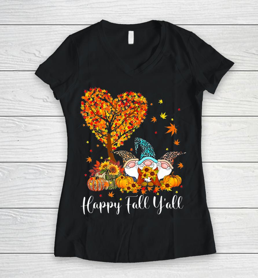 Happy Fall Y'all Gnome Leopard Pumpkin Autumn Tree Gnome Women V-Neck T-Shirt