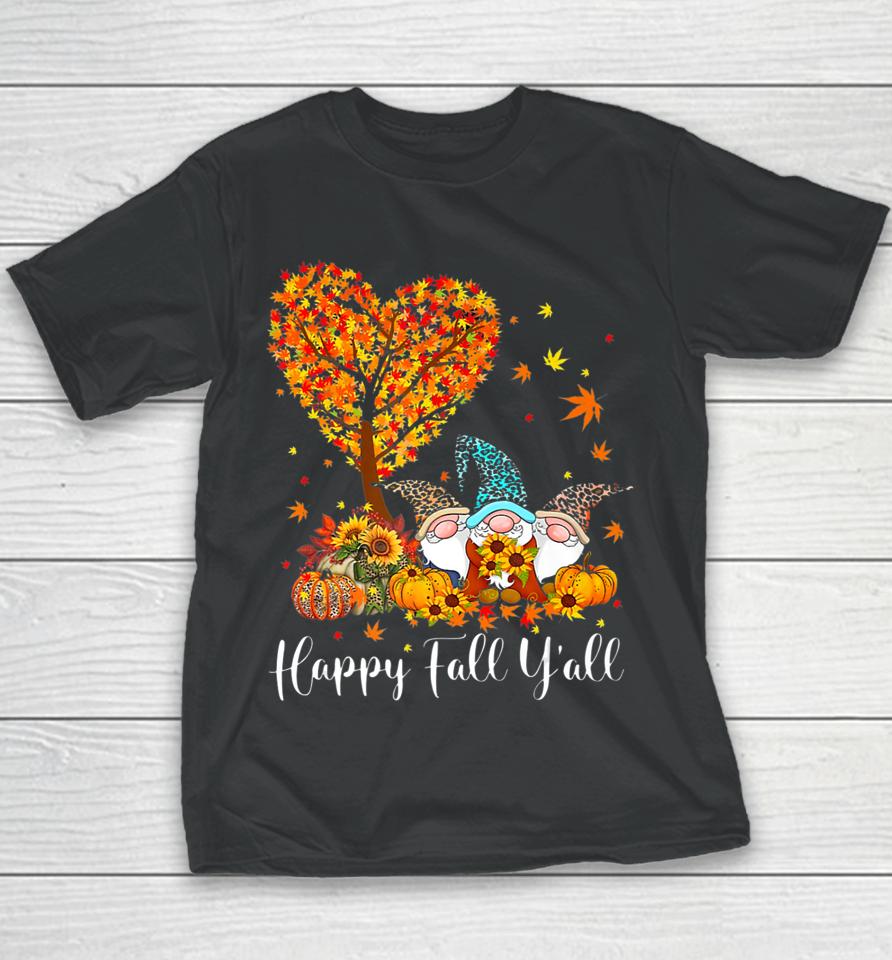 Happy Fall Y'all Gnome Leopard Pumpkin Autumn Tree Gnome Youth T-Shirt