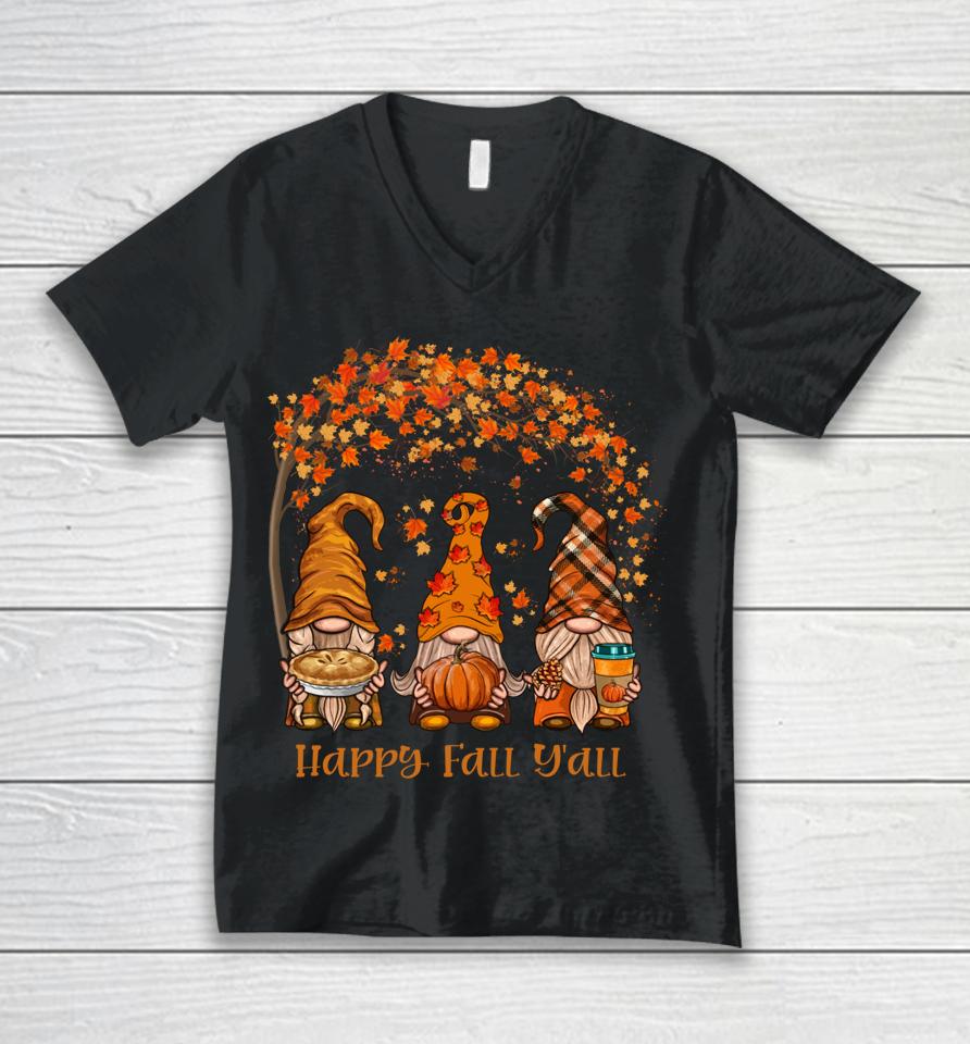 Happy Fall Y'all Gnome Pumpkin Autumn Leaves Thanksgiving Unisex V-Neck T-Shirt