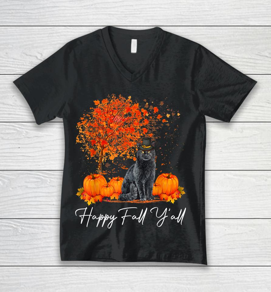 Happy Fall Y'all Pumpkin Cat Thanksgiving Rescue Pet Unisex V-Neck T-Shirt