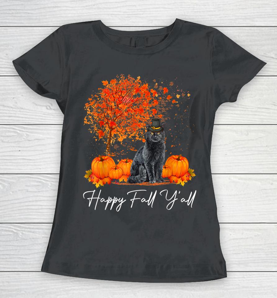 Happy Fall Y'all Pumpkin Cat Thanksgiving Rescue Pet Women T-Shirt