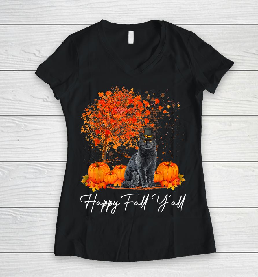 Happy Fall Y'all Pumpkin Cat Thanksgiving Rescue Pet Women V-Neck T-Shirt