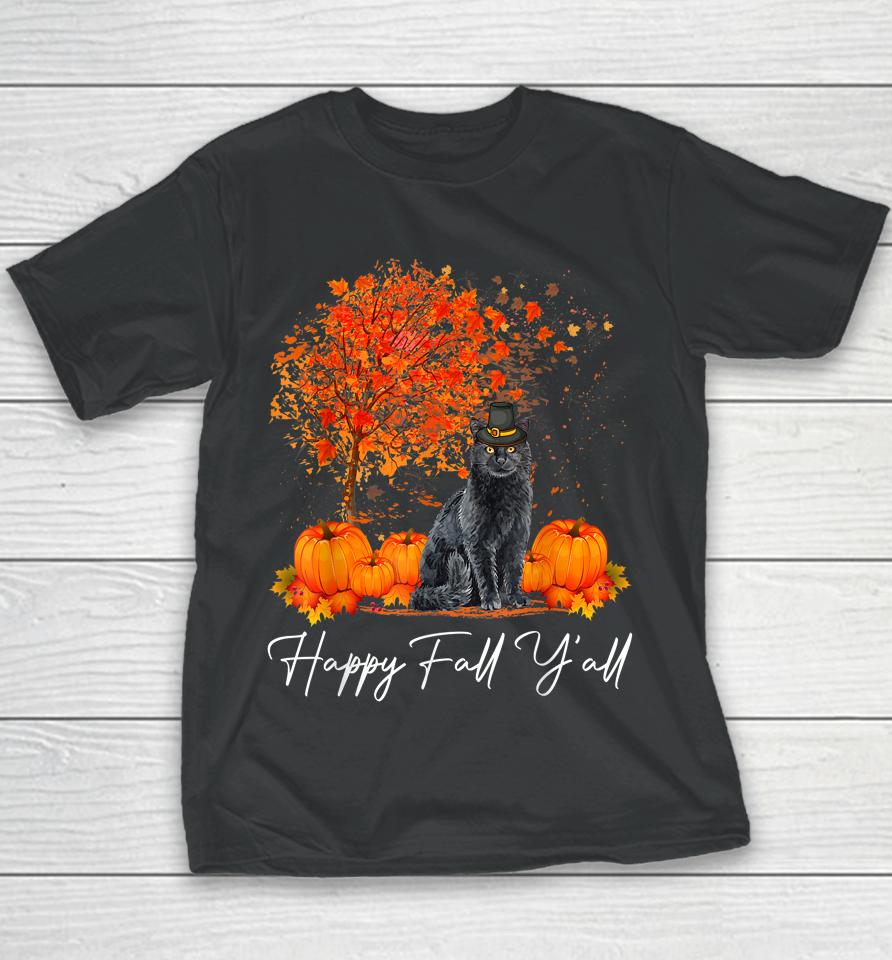 Happy Fall Y'all Pumpkin Cat Thanksgiving Rescue Pet Youth T-Shirt