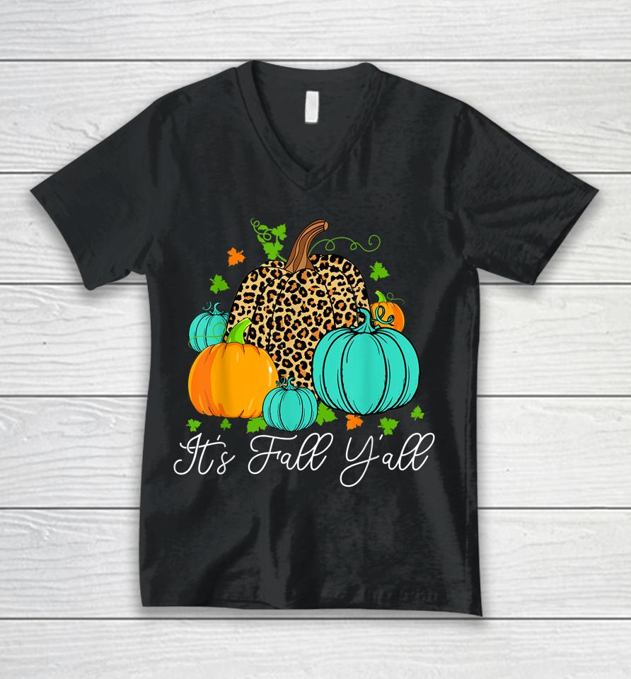 Happy Fall Y’all Pumpkin Leopard It's Fall Yall Unisex V-Neck T-Shirt