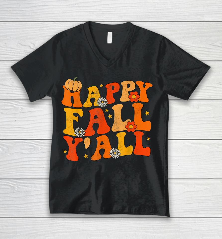 Happy Fall Yall Squad Groovy Fall Autumn And Halloween Unisex V-Neck T-Shirt