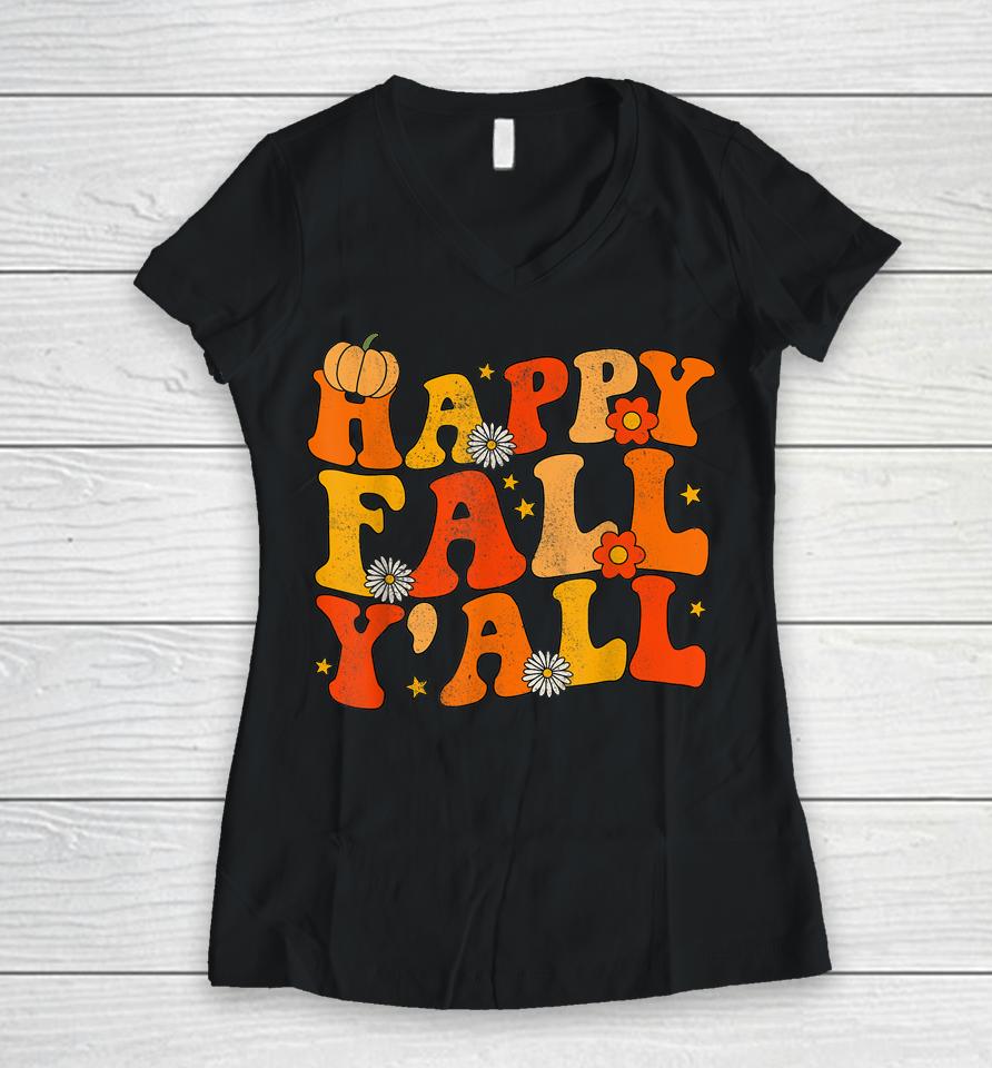 Happy Fall Yall Squad Groovy Fall Autumn And Halloween Women V-Neck T-Shirt