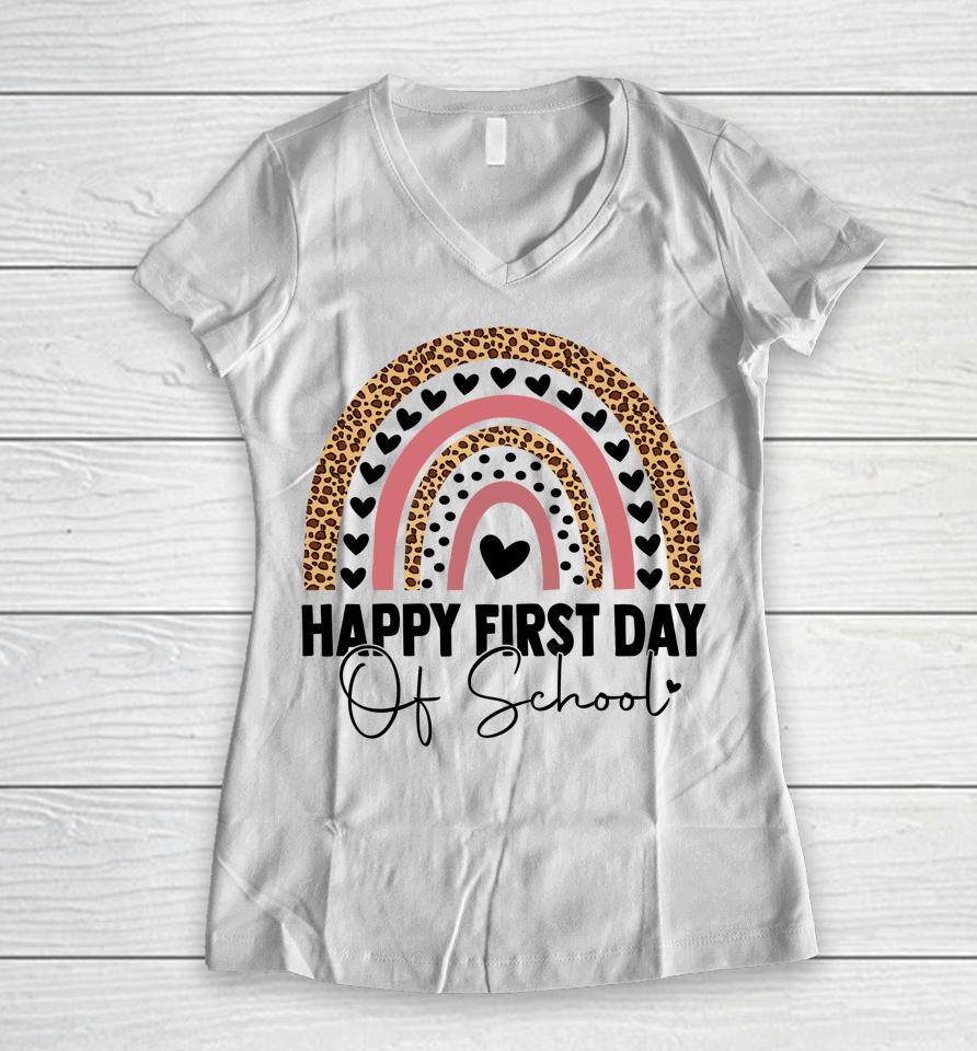 Happy First Day Of School Shirt For Teacher Student Rainbow Women V-Neck T-Shirt