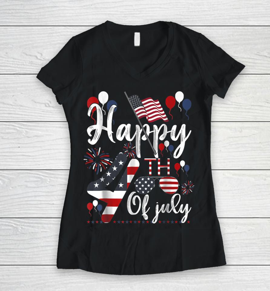 Happy Fourth Of July Patriotic American Us Flag 4Th Of July Women V-Neck T-Shirt