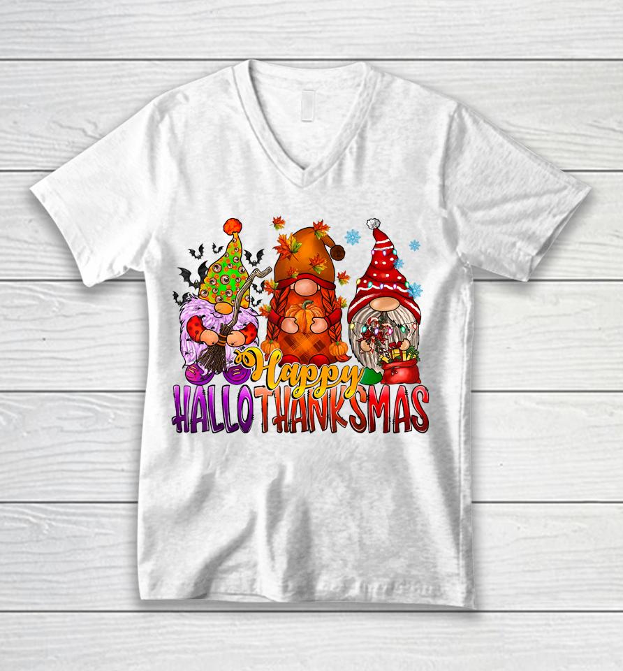 Happy Hallothankmas Gnome Halloween Christmas Thanksgiving Unisex V-Neck T-Shirt