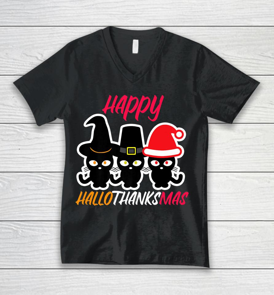 Happy Hallothanksmas Cats Halloween Thanksgiving Christmas Unisex V-Neck T-Shirt