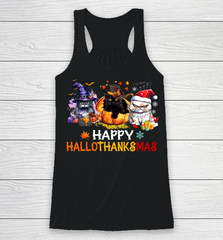 Happy Hallothanksmas Cats Shirt Hallothanksmas Cats Funny Racerback Tank