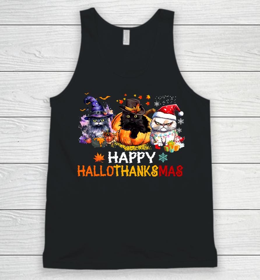 Happy Hallothanksmas Cats Shirt Hallothanksmas Cats Funny Unisex Tank Top