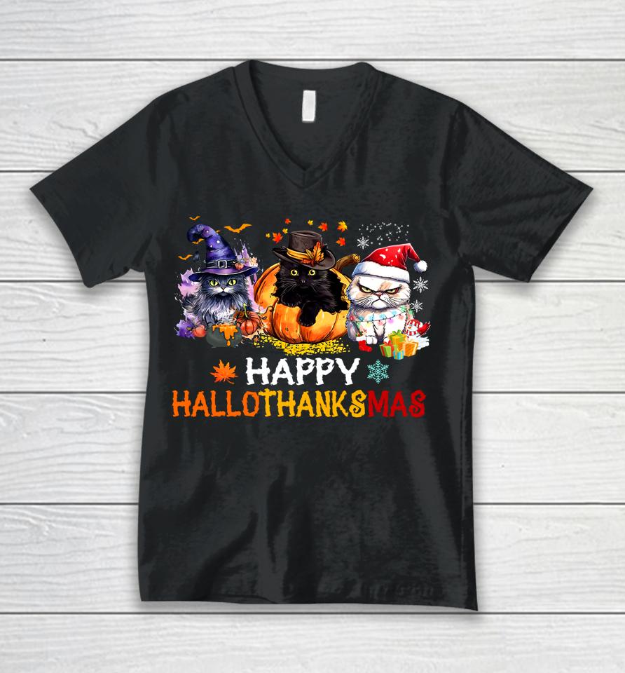Happy Hallothanksmas Cats Shirt Hallothanksmas Cats Funny Unisex V-Neck T-Shirt