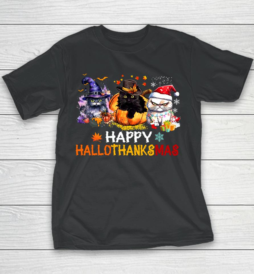Happy Hallothanksmas Cats Shirt Hallothanksmas Cats Funny Youth T-Shirt