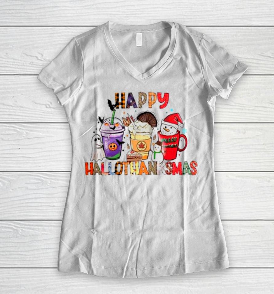 Happy Hallothanksmas Coffee Funny Women V-Neck T-Shirt