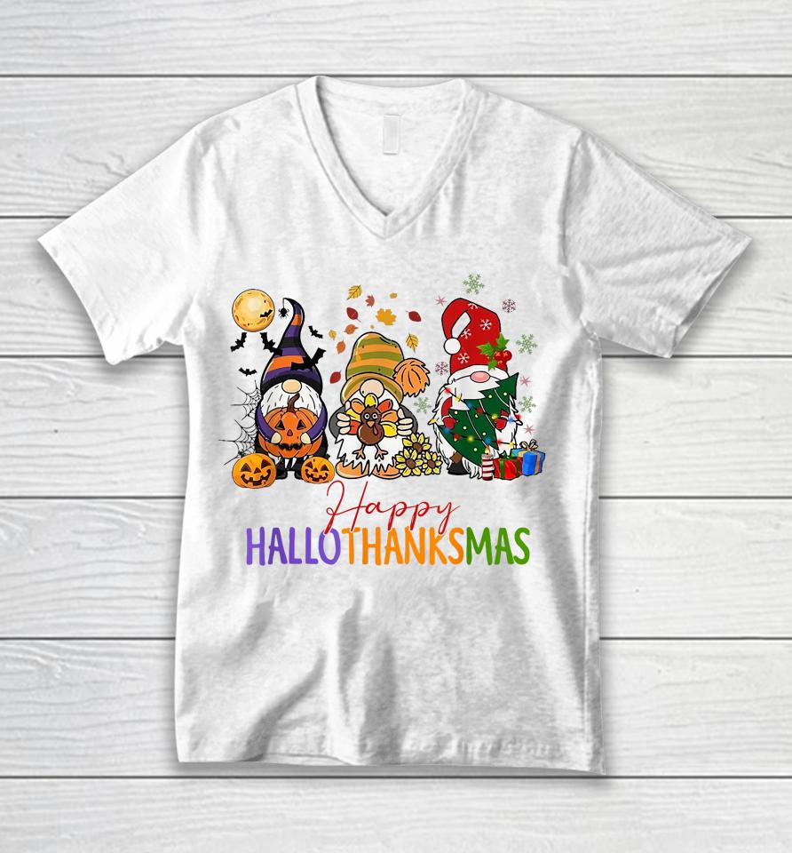 Happy Hallothanksmas Coffee Halloween Thanksgiving Christmas Unisex V-Neck T-Shirt