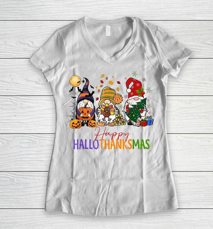 Happy Hallothanksmas Coffee Halloween Thanksgiving Christmas Women V-Neck T-Shirt