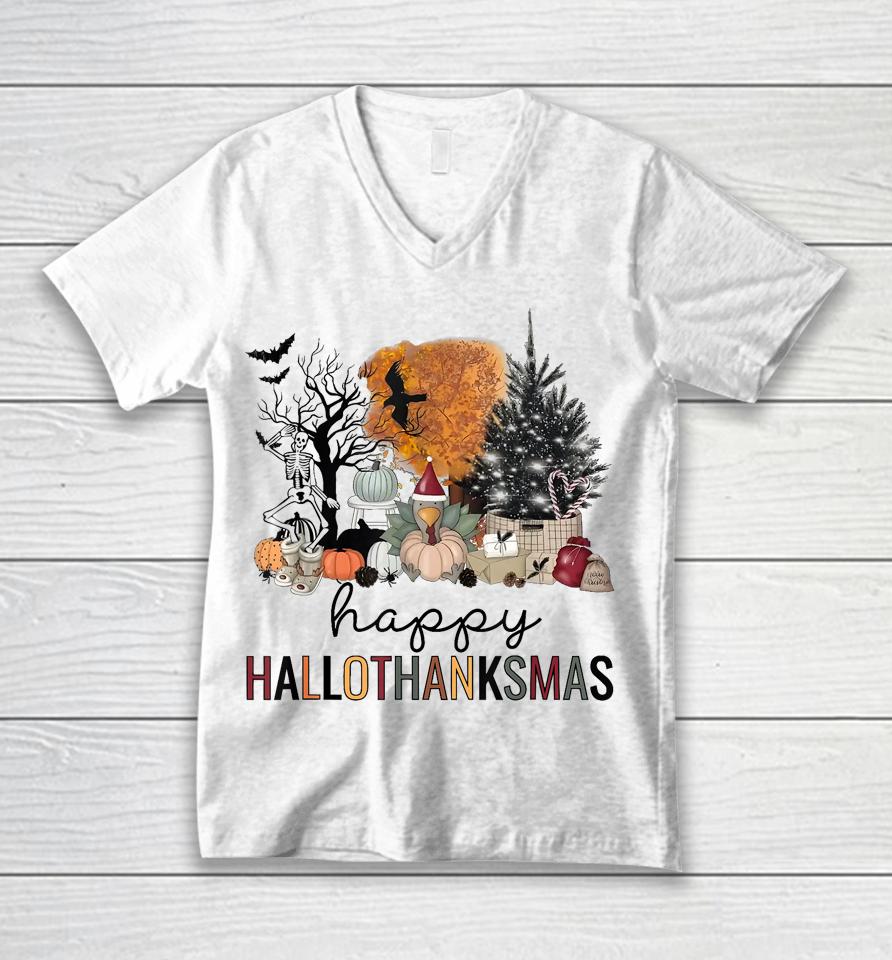 Happy Hallothanksmas Coffee Halloween Thanksgiving Christmas Unisex V-Neck T-Shirt