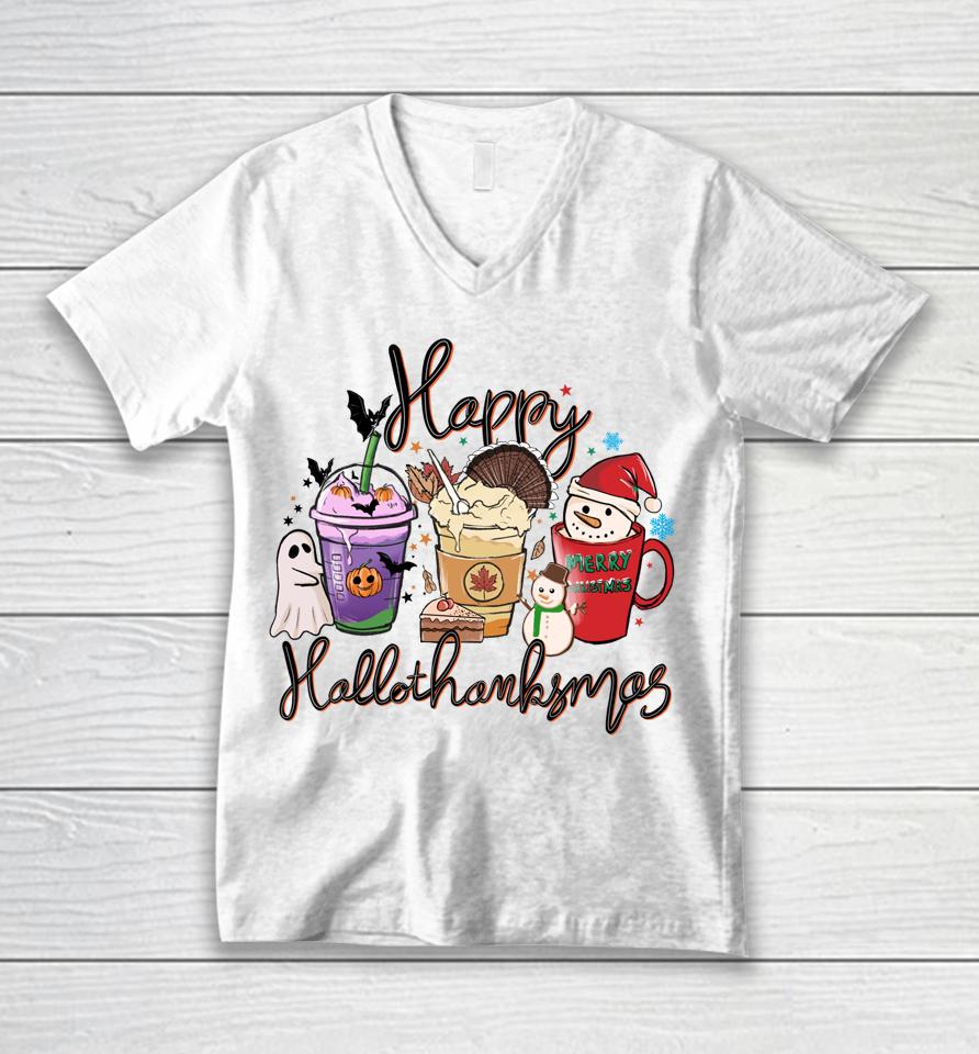 Happy Hallothanksmas Coffee Latte Halloween Thanksgiving Unisex V-Neck T-Shirt