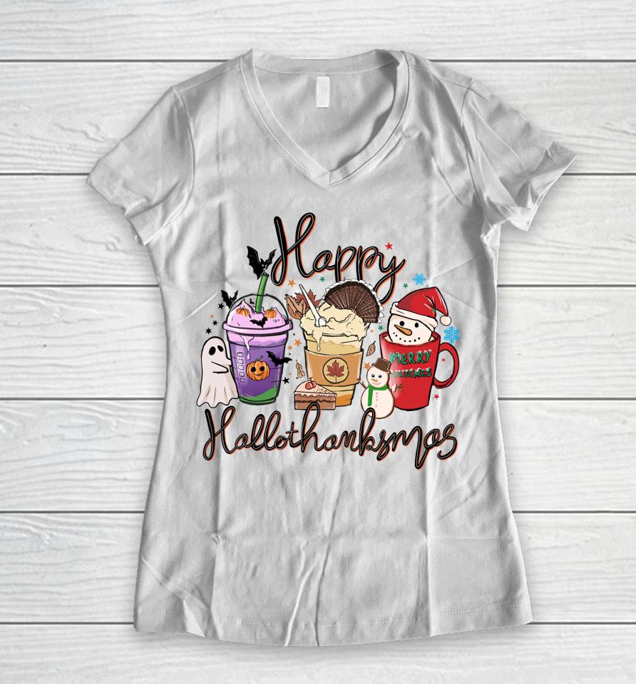 Happy Hallothanksmas Coffee Latte Halloween Thanksgiving Women V-Neck T-Shirt