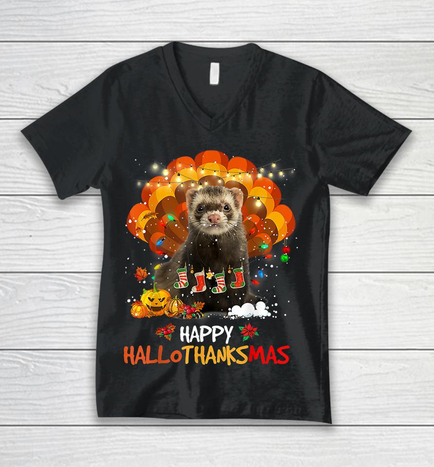 Happy Hallothanksmas Ferret Lover Halloween Thanksgiving Unisex V-Neck T-Shirt