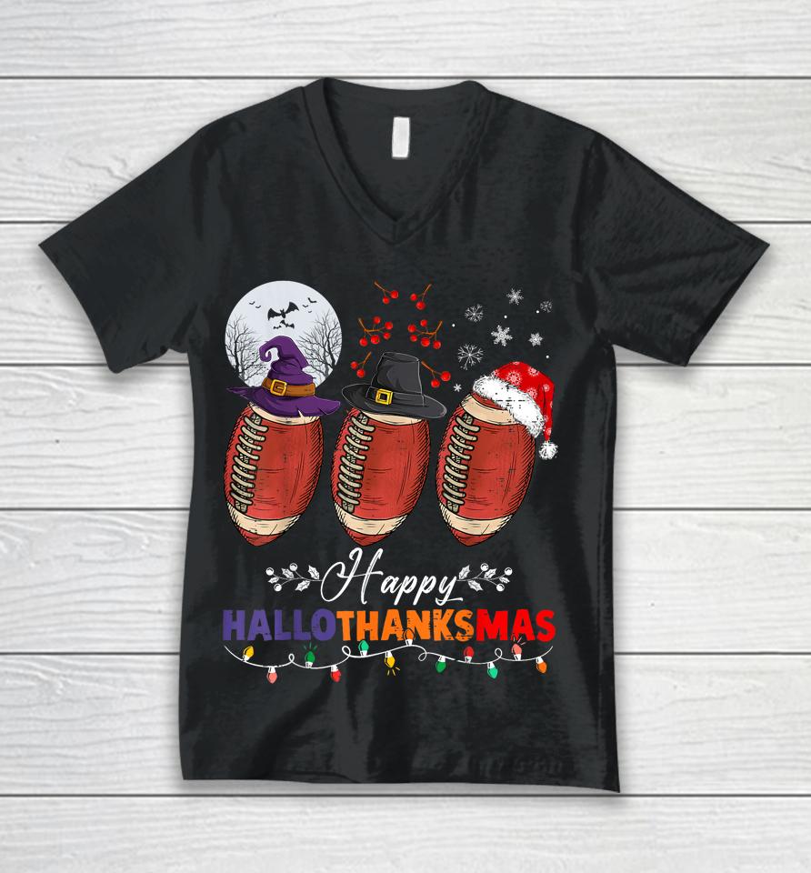 Happy Hallothanksmas Football Halloween Thanksgiving Xmas Unisex V-Neck T-Shirt