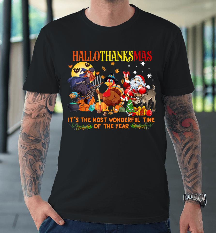 Happy Hallothanksmas Funny Halloween Thanksgiving Christmas Premium T-Shirt