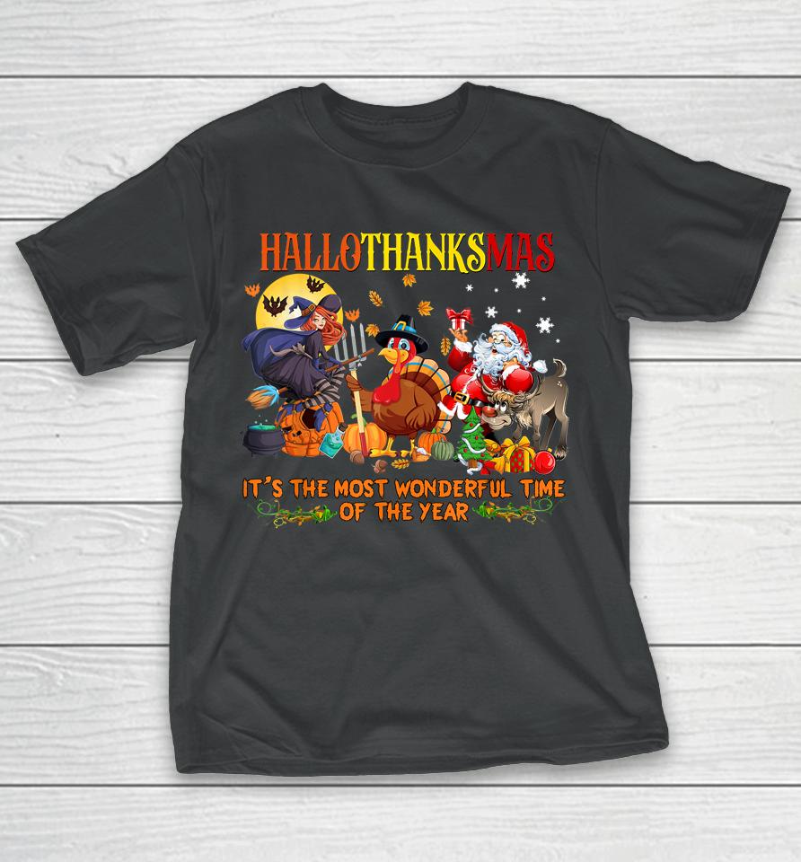 Happy Hallothanksmas Funny Halloween Thanksgiving Christmas T-Shirt