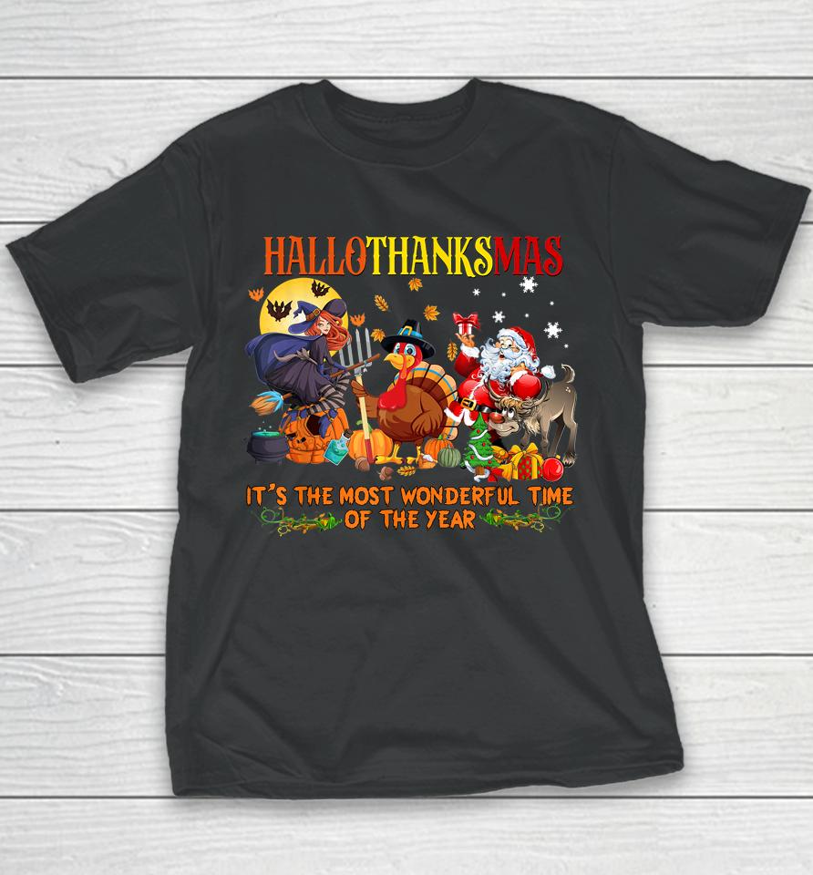 Happy Hallothanksmas Funny Halloween Thanksgiving Christmas Youth T-Shirt