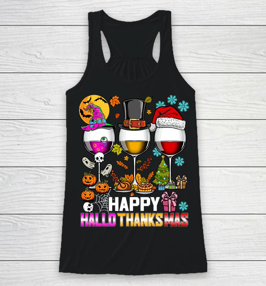 Happy Hallothanksmas Funny Halloween Thanksgiving Christmas Racerback Tank